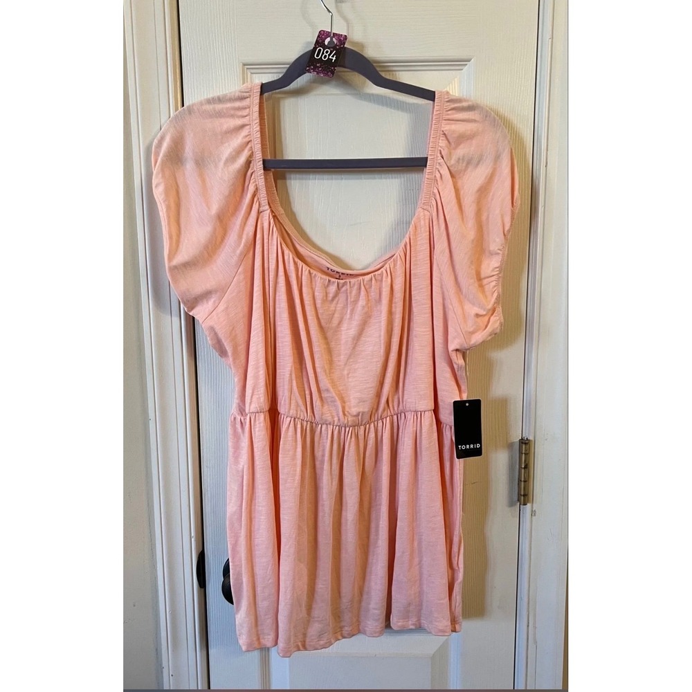 Torrid Womens Peach Pink Slub Knit Babydoll Top Puff Sleeve Scoop Neck NWT 3 3X